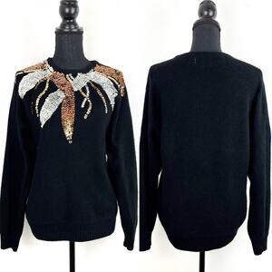 Vintage 90s Sweater Black Angora Silk Lambswool Sequin Design Dolman Sleeve
